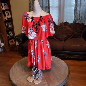 Red Hawaiian style off the shoulder dress!